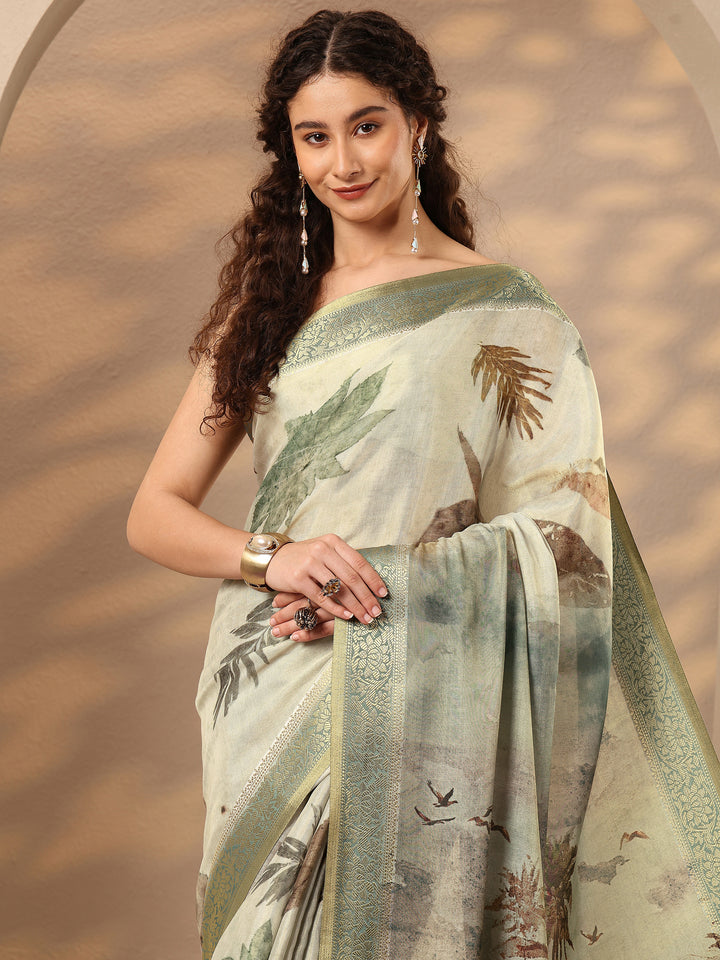 Beige Printed Silk Blend Saree With Unstitched Blouse Piece