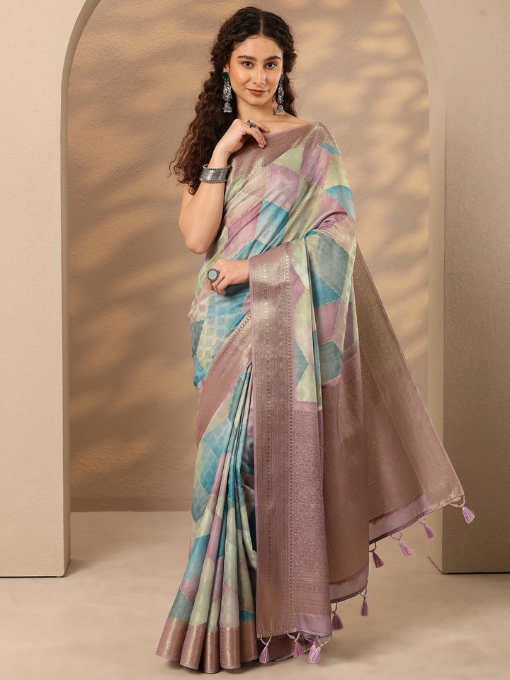Multi Geometric Printed Silk Blend Saree With Unstitched Blouse Piece