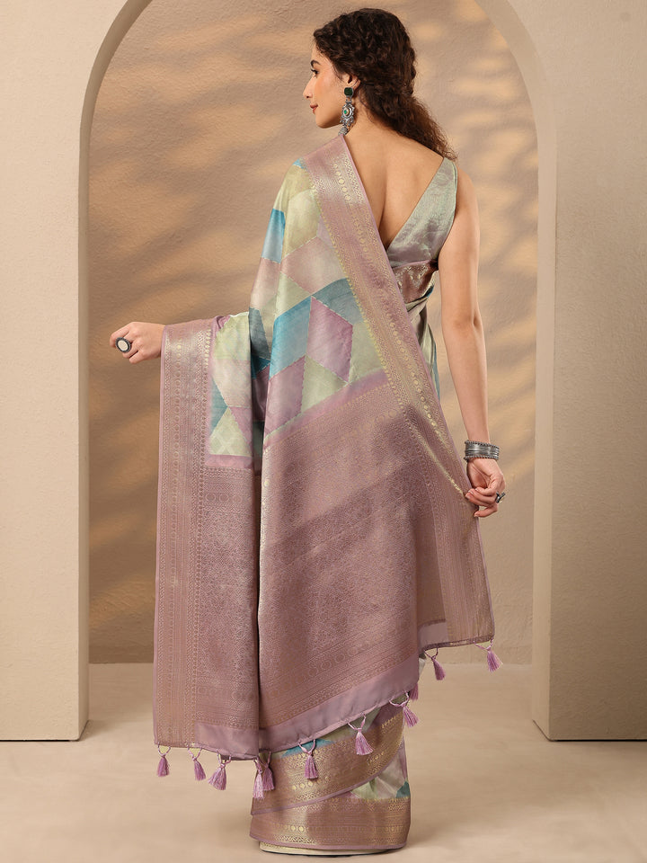 Multi Geometric Printed Silk Blend Saree With Unstitched Blouse Piece