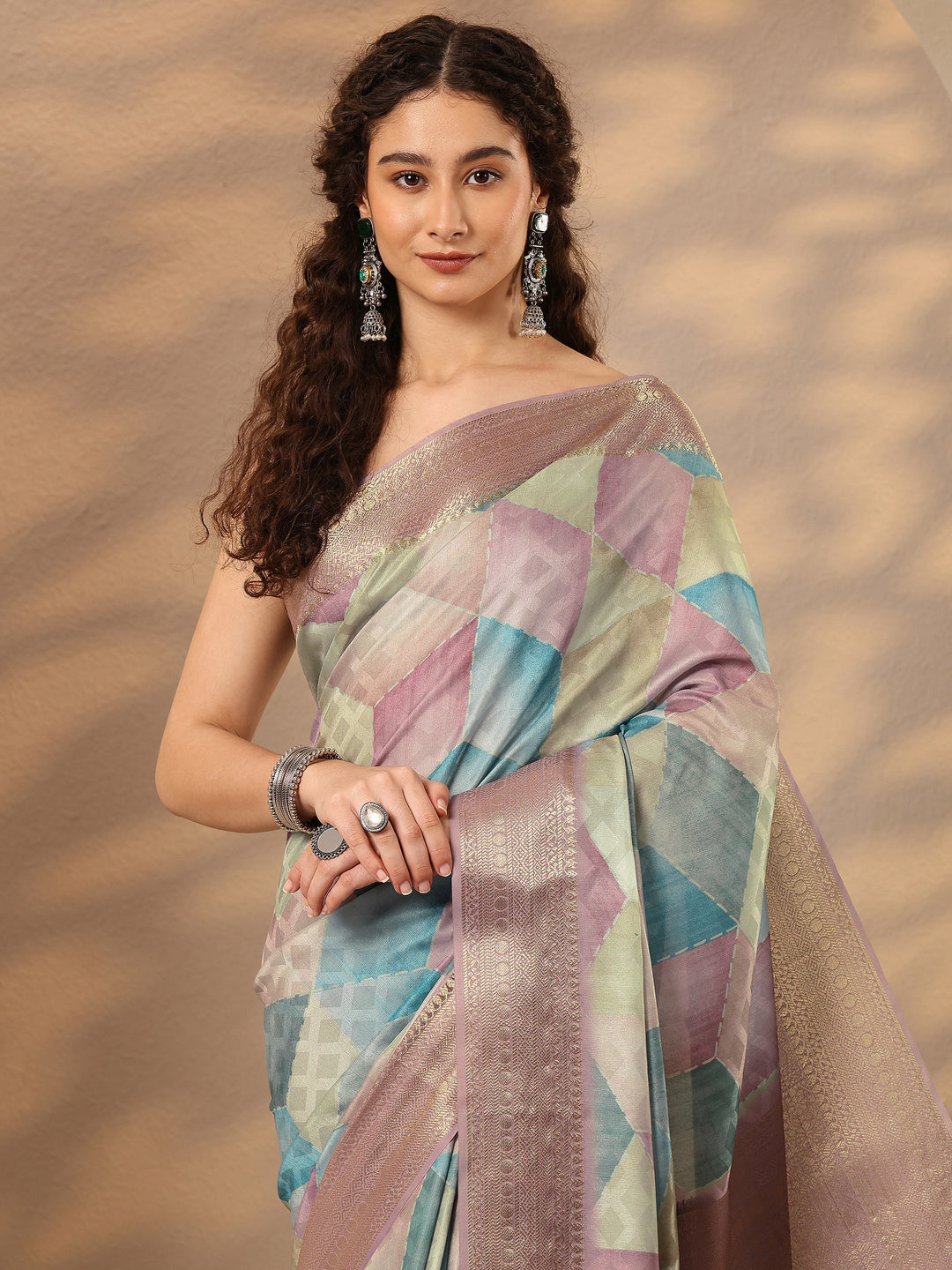 Multi Geometric Printed Silk Blend Saree With Unstitched Blouse Piece