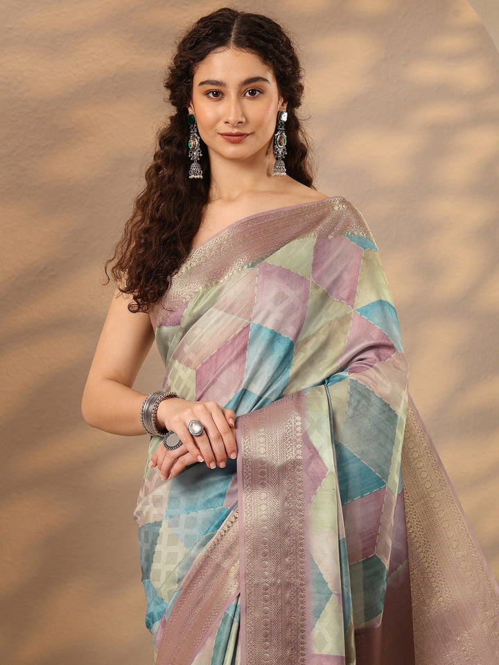 Multi Geometric Printed Silk Blend Saree With Unstitched Blouse Piece