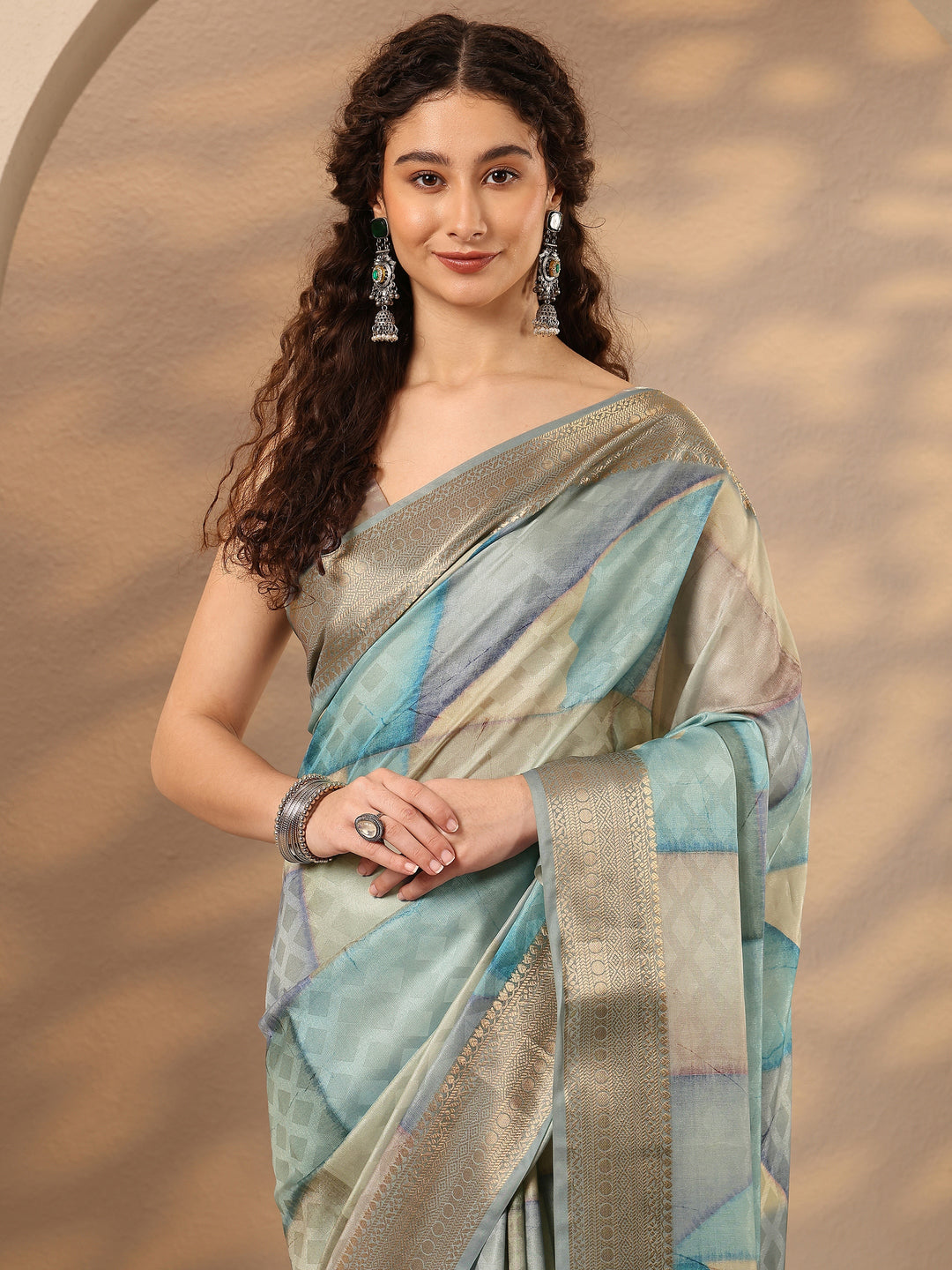 Multi Geometric Printed Silk Blend Saree With Unstitched Blouse Piece