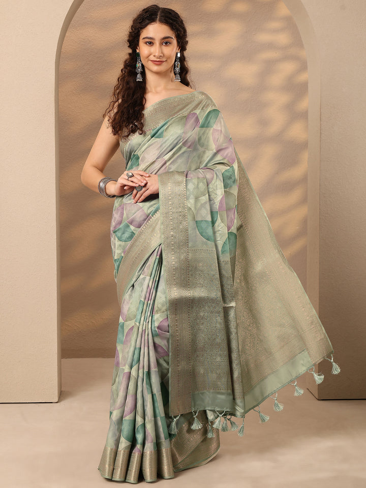 Multi Geometric Printed Silk Blend Saree With Unstitched Blouse Piece