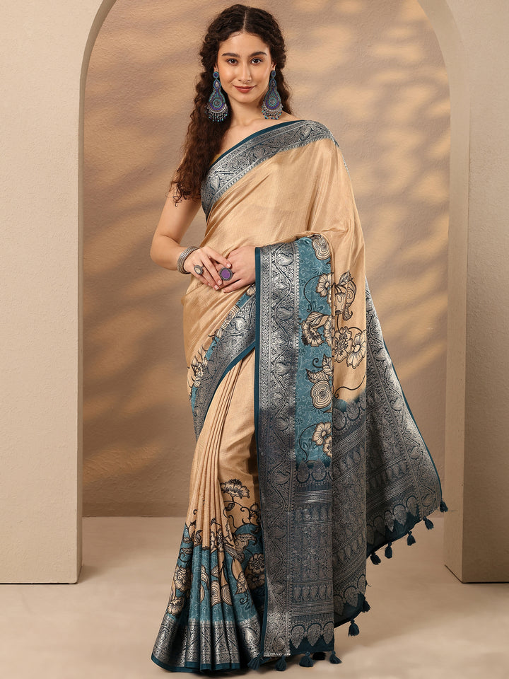 Peach Printed Silk Blend Saree With Unstitched Blouse Piece