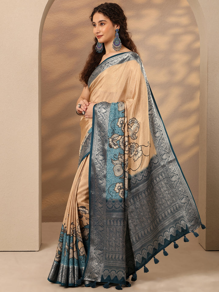 Peach Printed Silk Blend Saree With Unstitched Blouse Piece