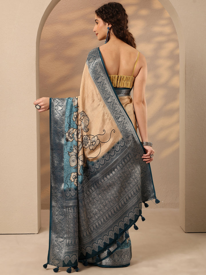Peach Printed Silk Blend Saree With Unstitched Blouse Piece