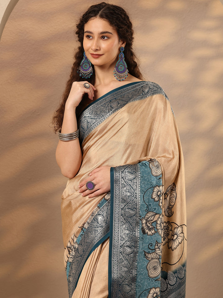 Peach Printed Silk Blend Saree With Unstitched Blouse Piece