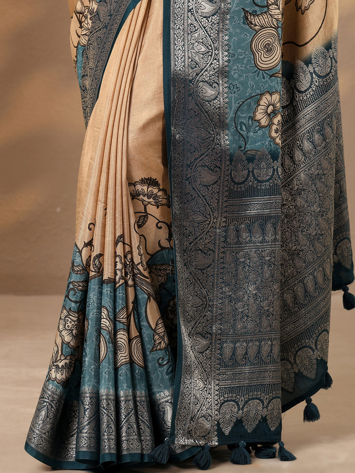 Peach Printed Silk Blend Saree With Unstitched Blouse Piece