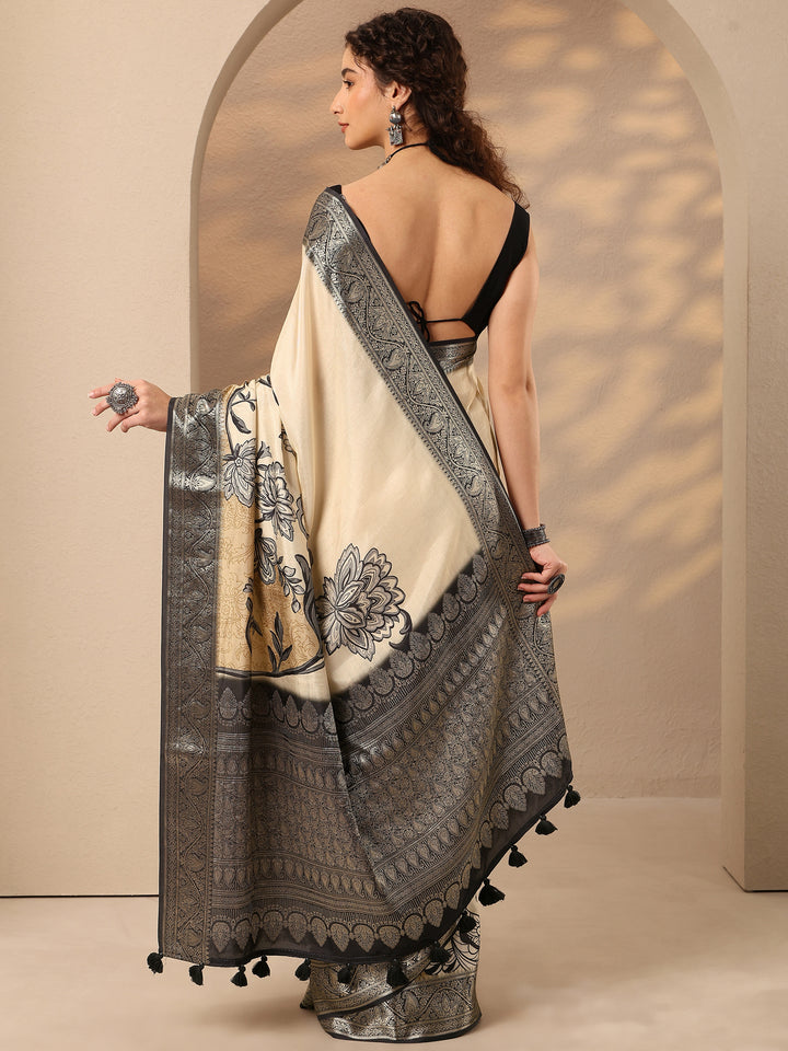 Beige Printed Silk Blend Saree With Unstitched Blouse Piece