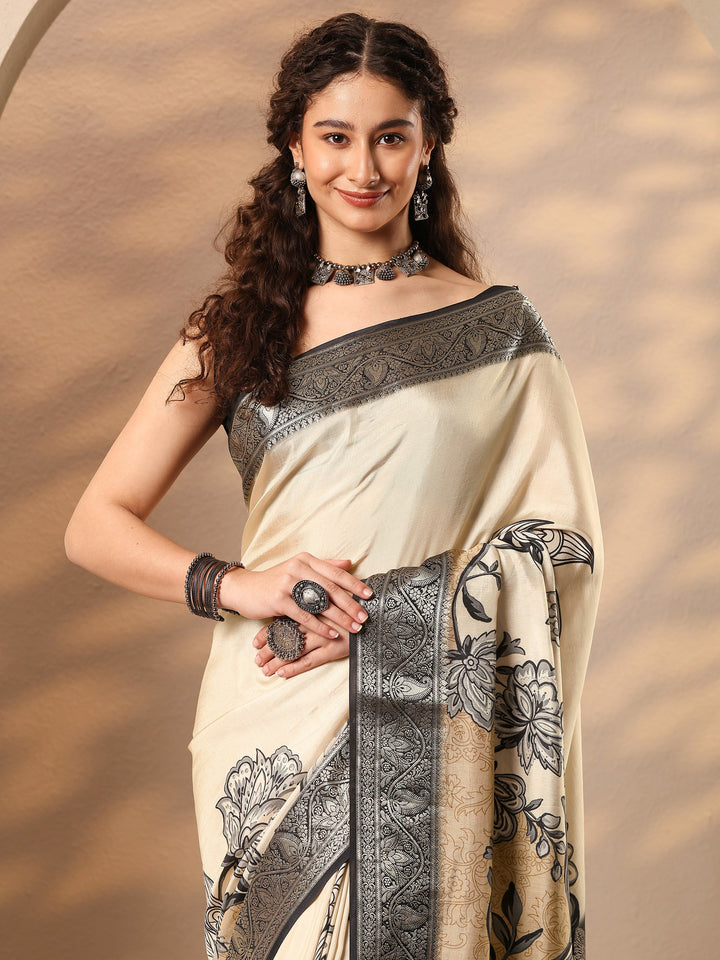 Beige Printed Silk Blend Saree With Unstitched Blouse Piece