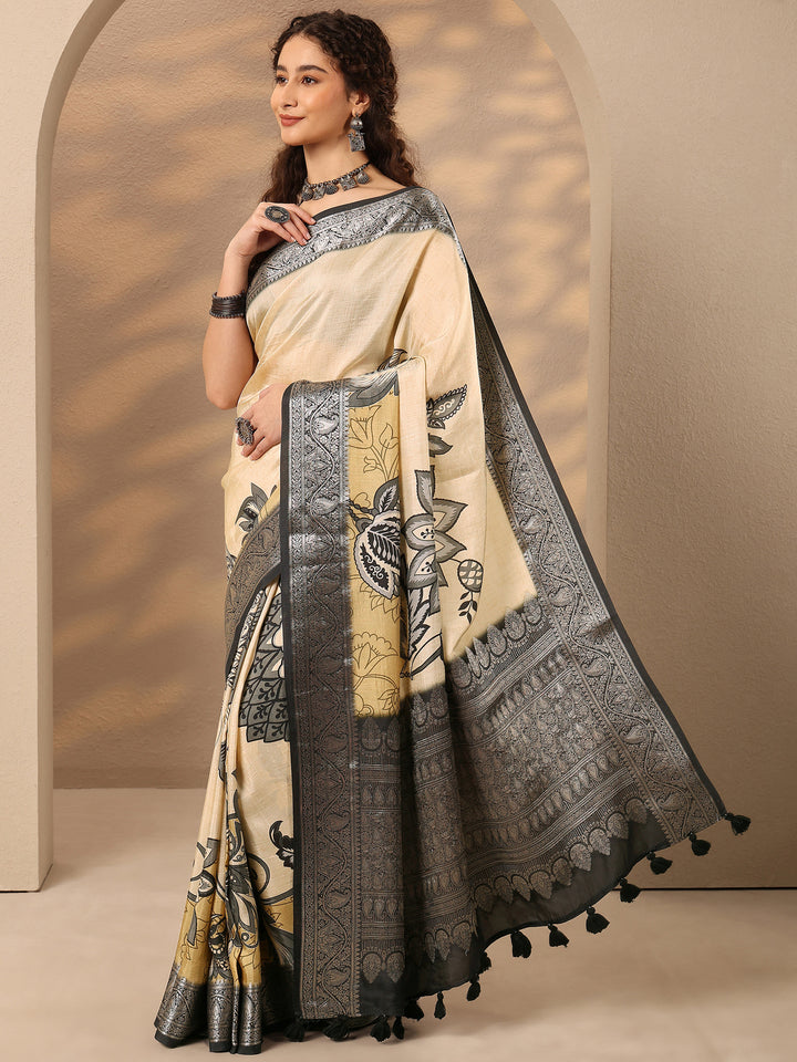 Beige Printed Silk Blend Saree With Unstitched Blouse Piece