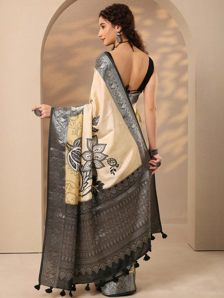 Beige Printed Silk Blend Saree With Unstitched Blouse Piece