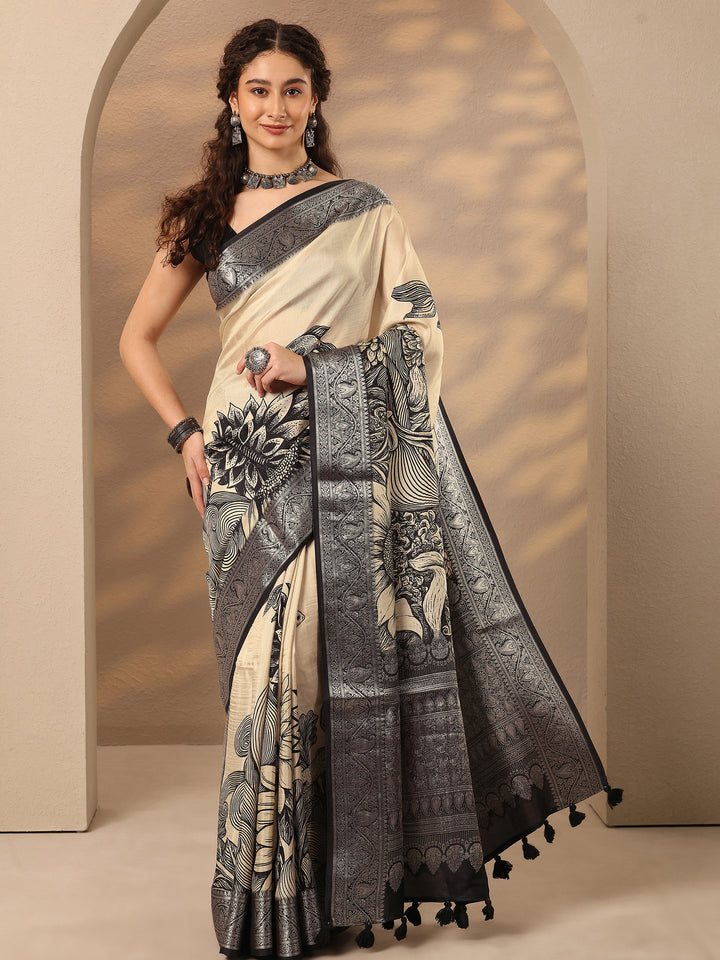 Off White Printed Silk Blend Saree With Unstitched Blouse Piece