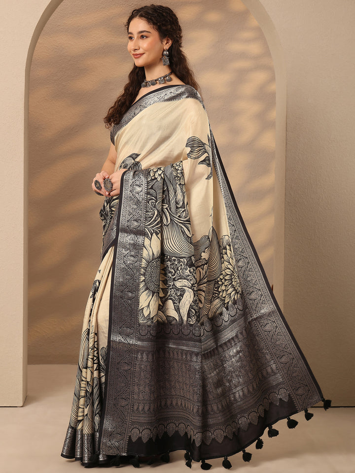 Off White Printed Silk Blend Saree With Unstitched Blouse Piece