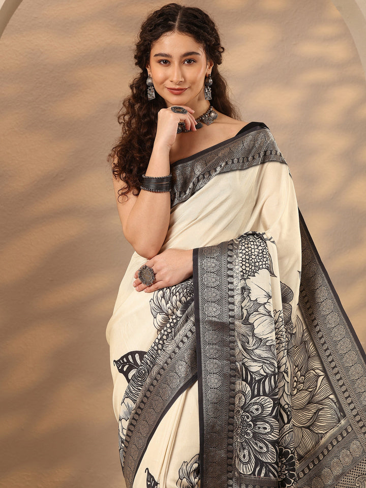 Off White Printed Silk Blend Saree With Unstitched Blouse Piece