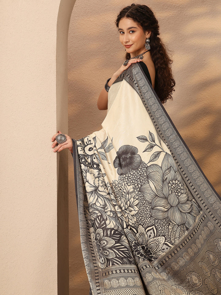 Off White Printed Silk Blend Saree With Unstitched Blouse Piece