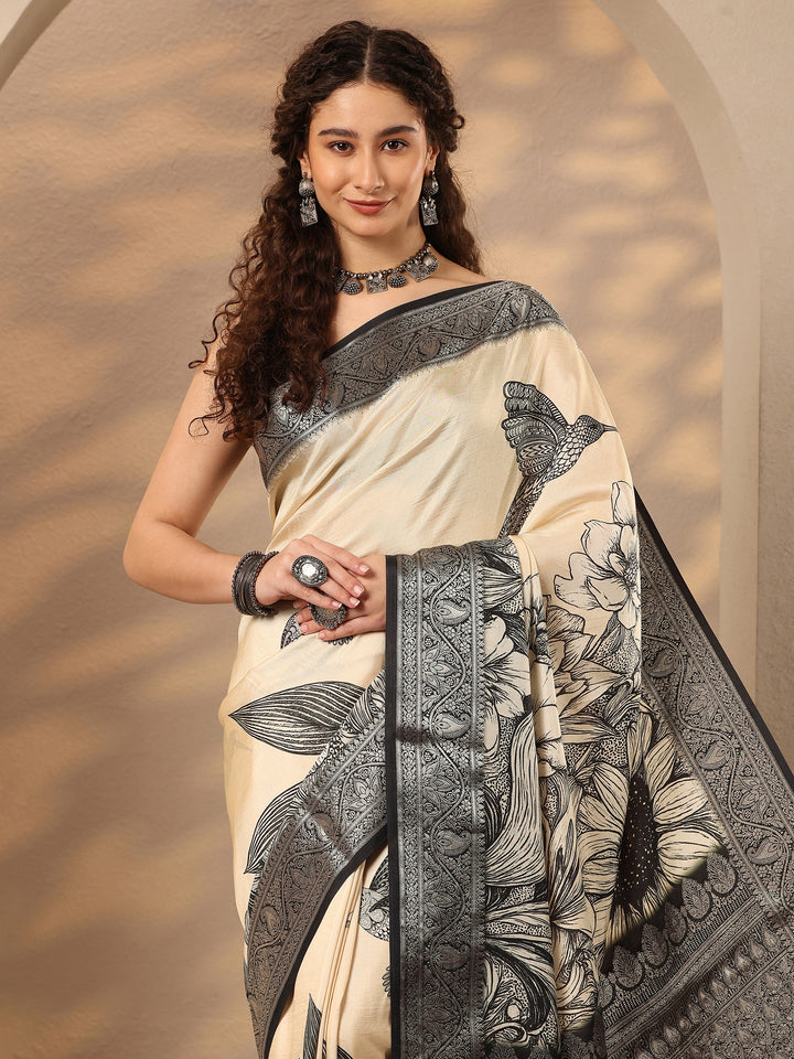 Off White Printed Silk Blend Saree With Unstitched Blouse Piece