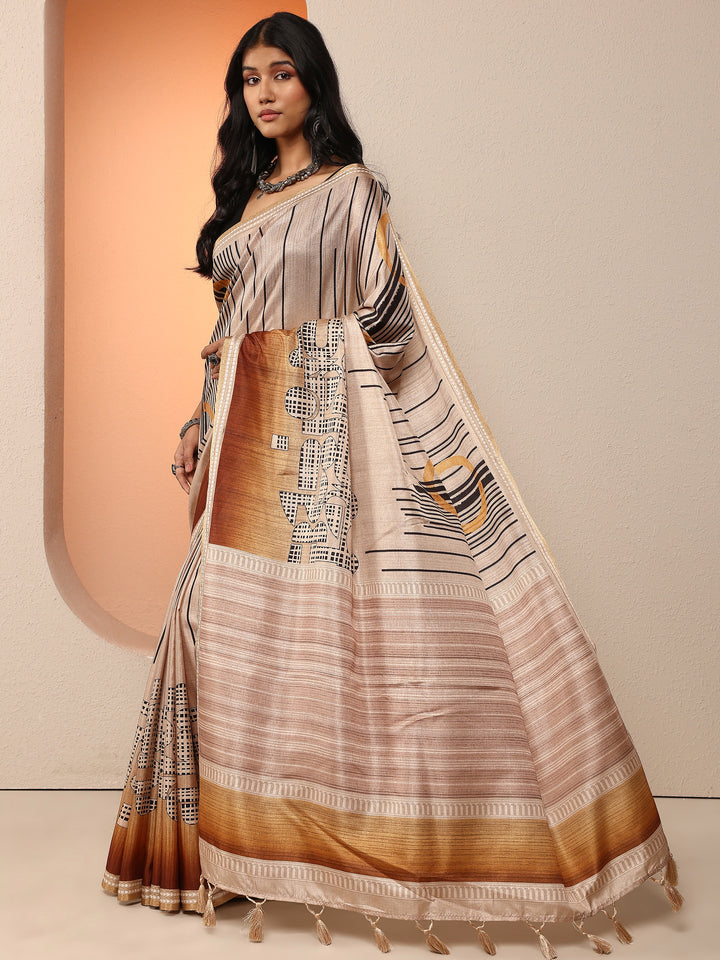 Mustard Printed Silk Blend Saree With Unstitched Blouse Piece