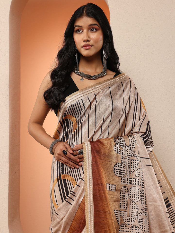 Mustard Printed Silk Blend Saree With Unstitched Blouse Piece