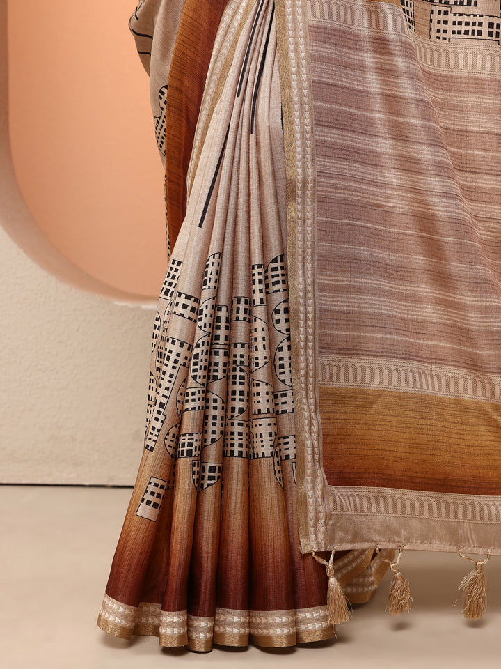 Mustard Printed Silk Blend Saree With Unstitched Blouse Piece