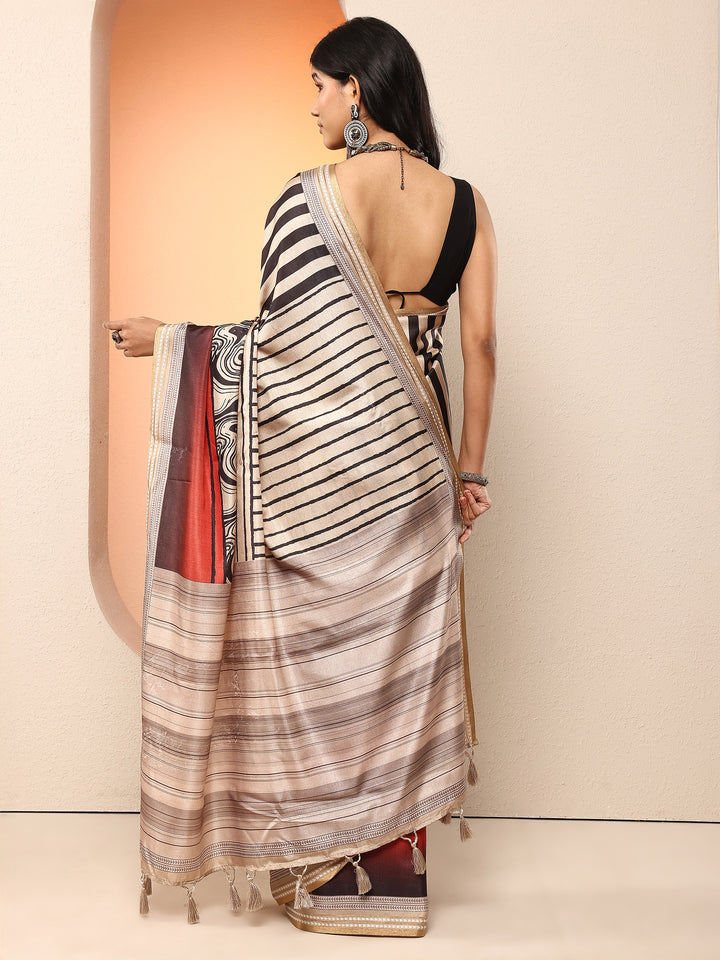 Multi Printed Silk Blend Saree With Unstitched Blouse Piece