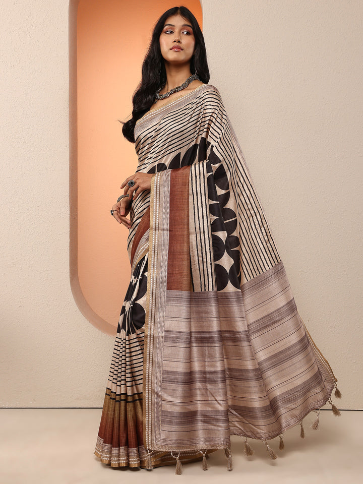 Multi Geometric Printed Silk Blend Saree With Unstitched Blouse Piece