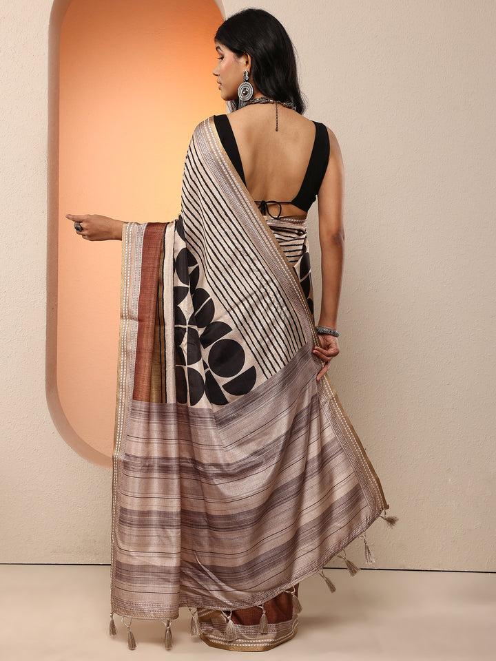 Multi Geometric Printed Silk Blend Saree With Unstitched Blouse Piece