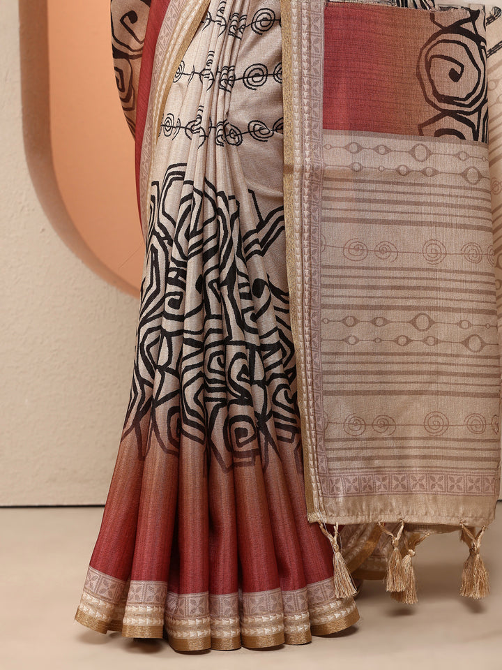 Beige Geomteric Printed Silk Blend Saree With Unstitched Blouse Piece