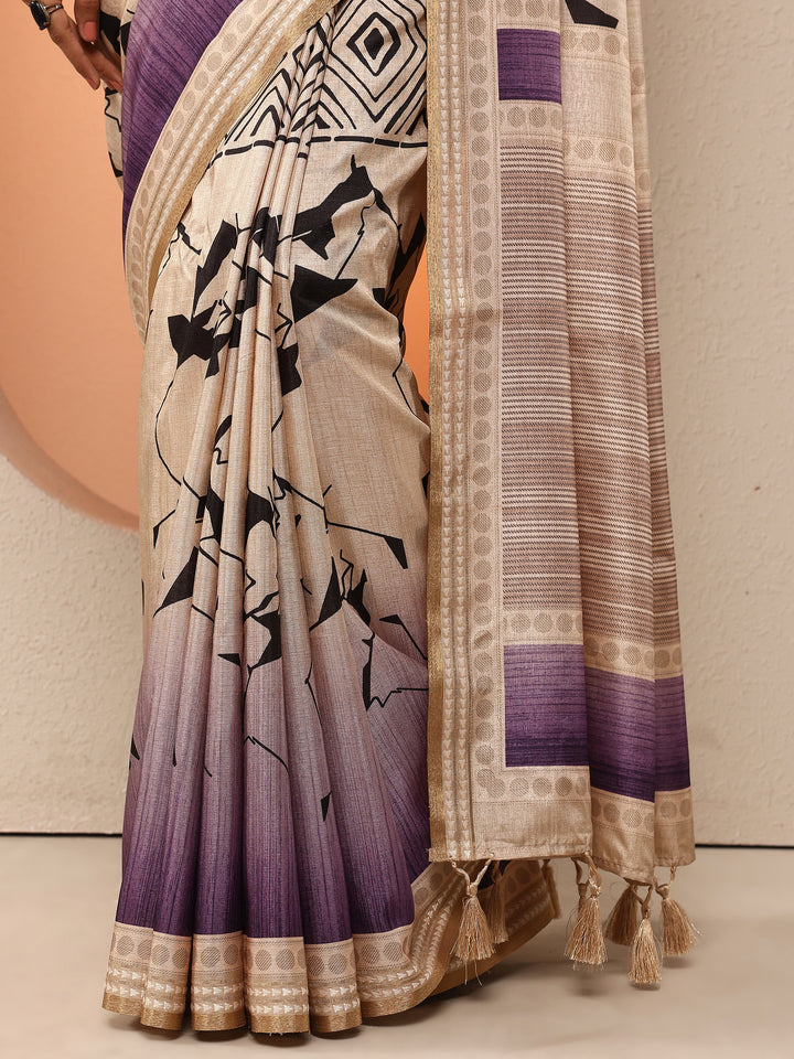 Beige Printed Silk Blend Saree With Unstitched Blouse Piece