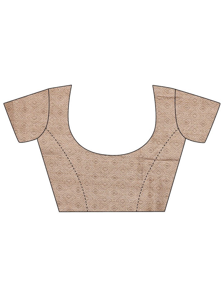 Beige Printed Silk Blend Saree With Unstitched Blouse Piece