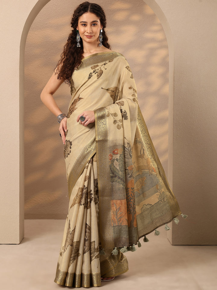 Beige Printed Silk Blend Saree With Unstitched Blouse Piece