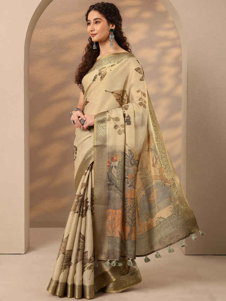 Beige Printed Silk Blend Saree With Unstitched Blouse Piece