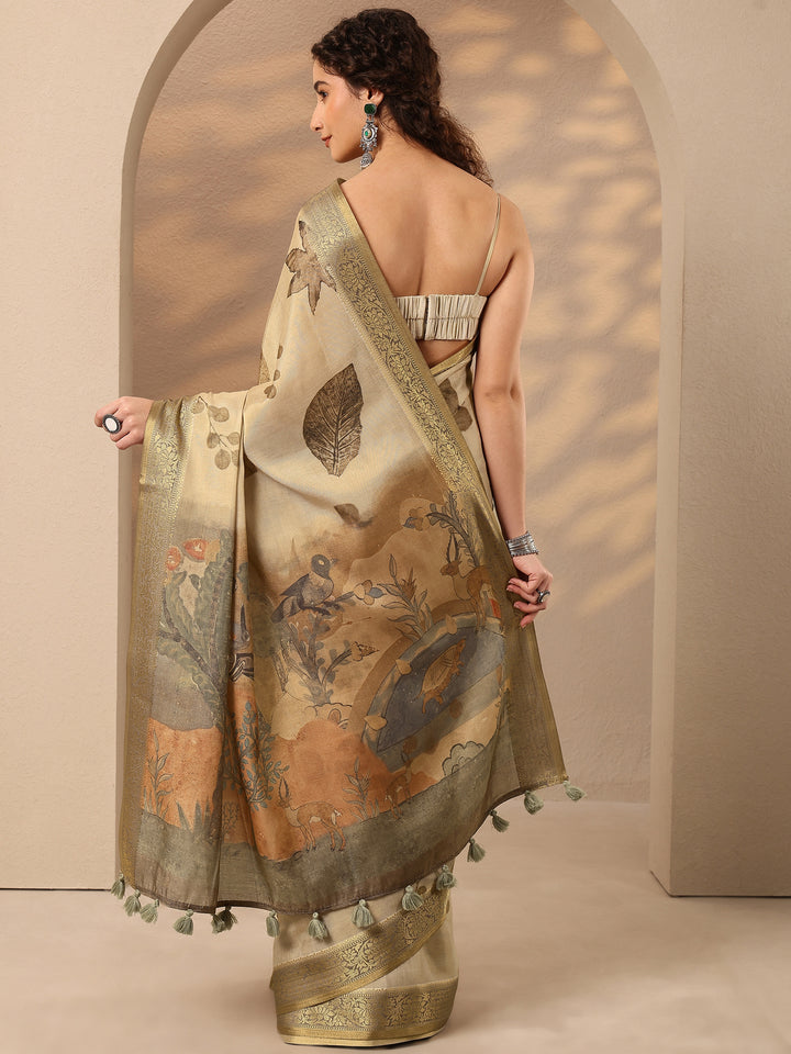 Beige Printed Silk Blend Saree With Unstitched Blouse Piece