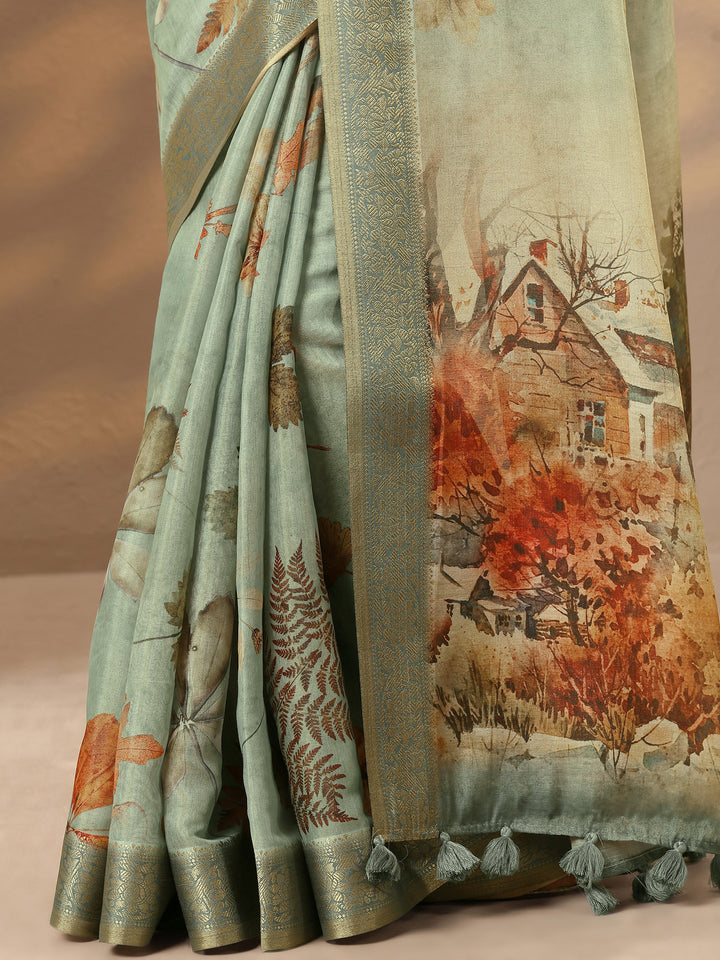 Green Printed Silk Blend Saree With Unstitched Blouse Piece
