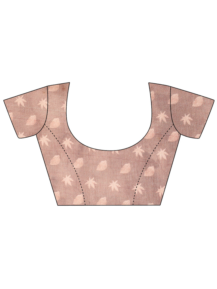 Peach Printed Silk Blend Saree With Unstitched Blouse Piece