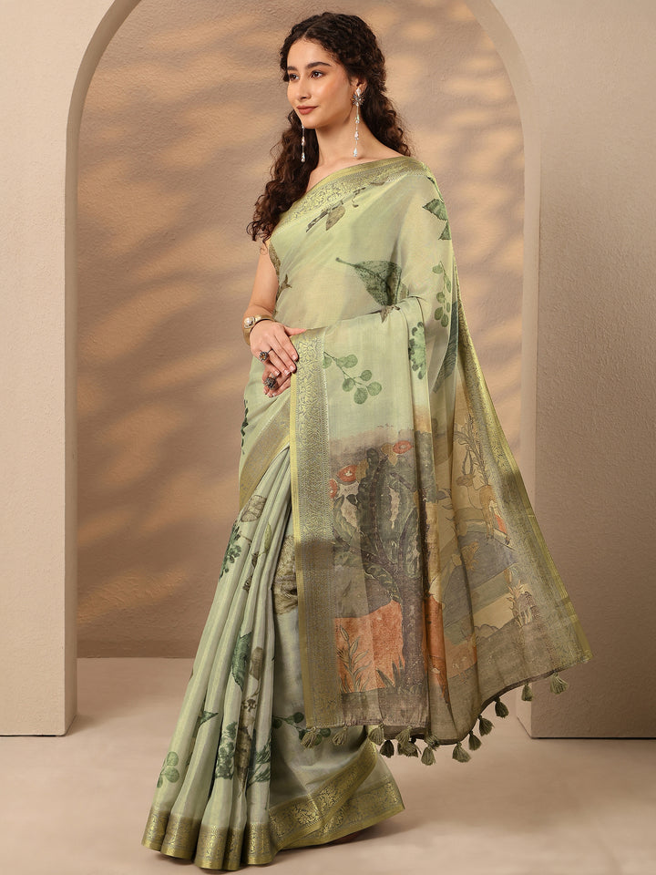 Green Printed Silk Blend Saree With Unstitched Blouse Piece