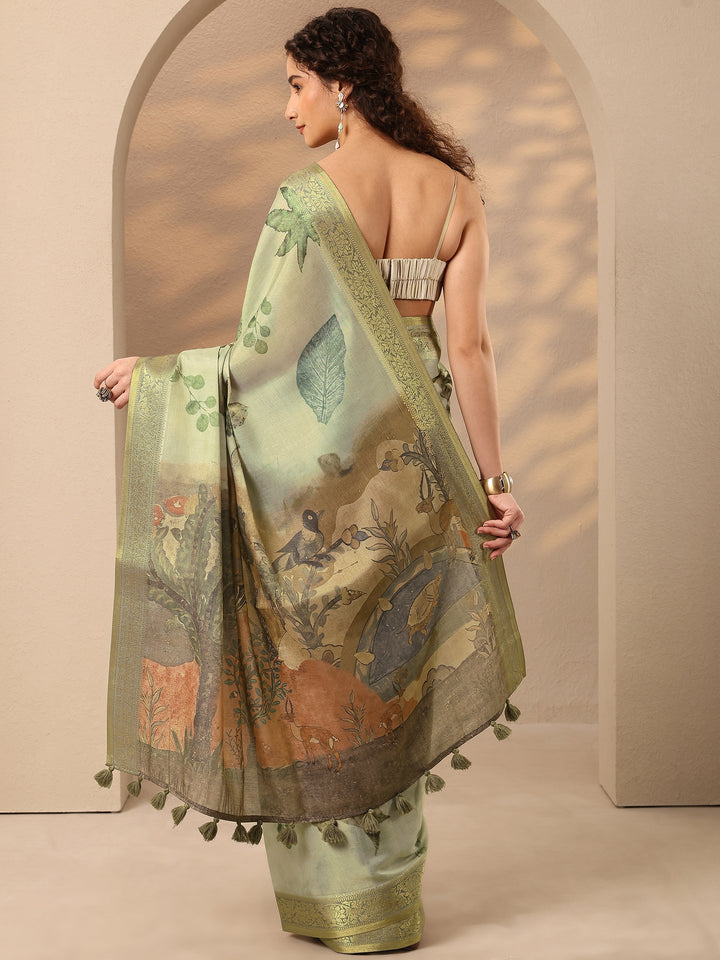 Green Printed Silk Blend Saree With Unstitched Blouse Piece