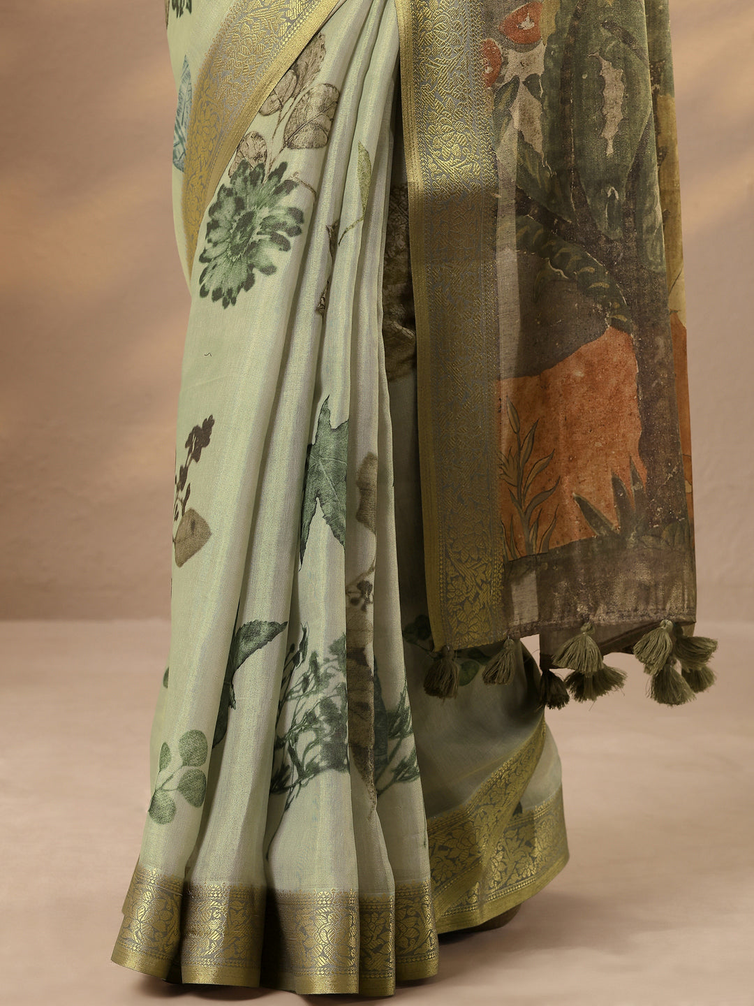 Green Printed Silk Blend Saree With Unstitched Blouse Piece