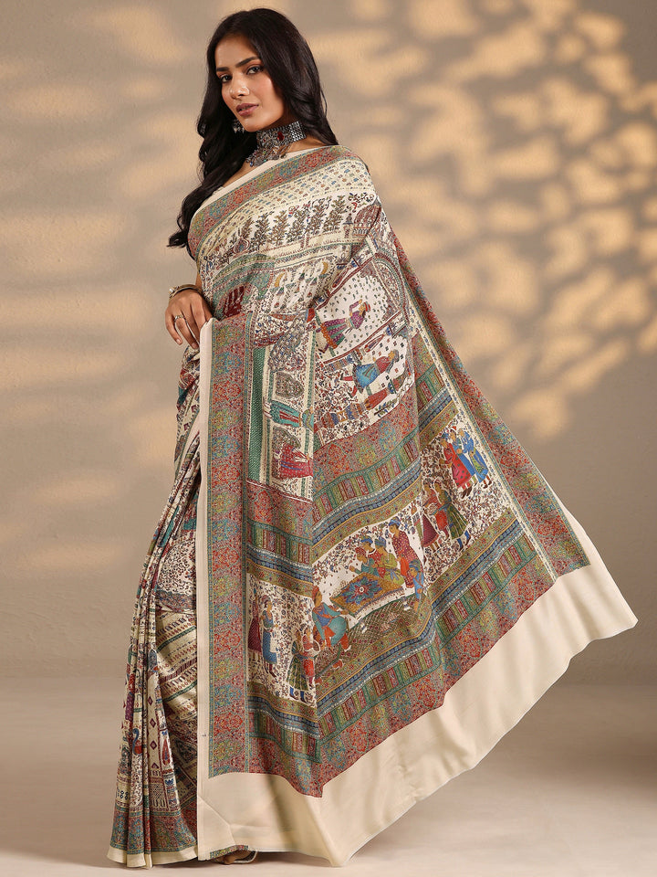 Multi Tribal Printed Silk Blend Saree With Unstitched Blouse Piece