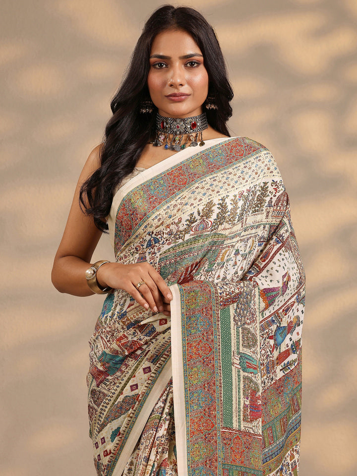 Multi Tribal Printed Silk Blend Saree With Unstitched Blouse Piece