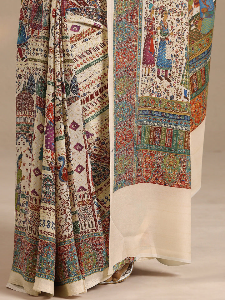 Multi Tribal Printed Silk Blend Saree With Unstitched Blouse Piece