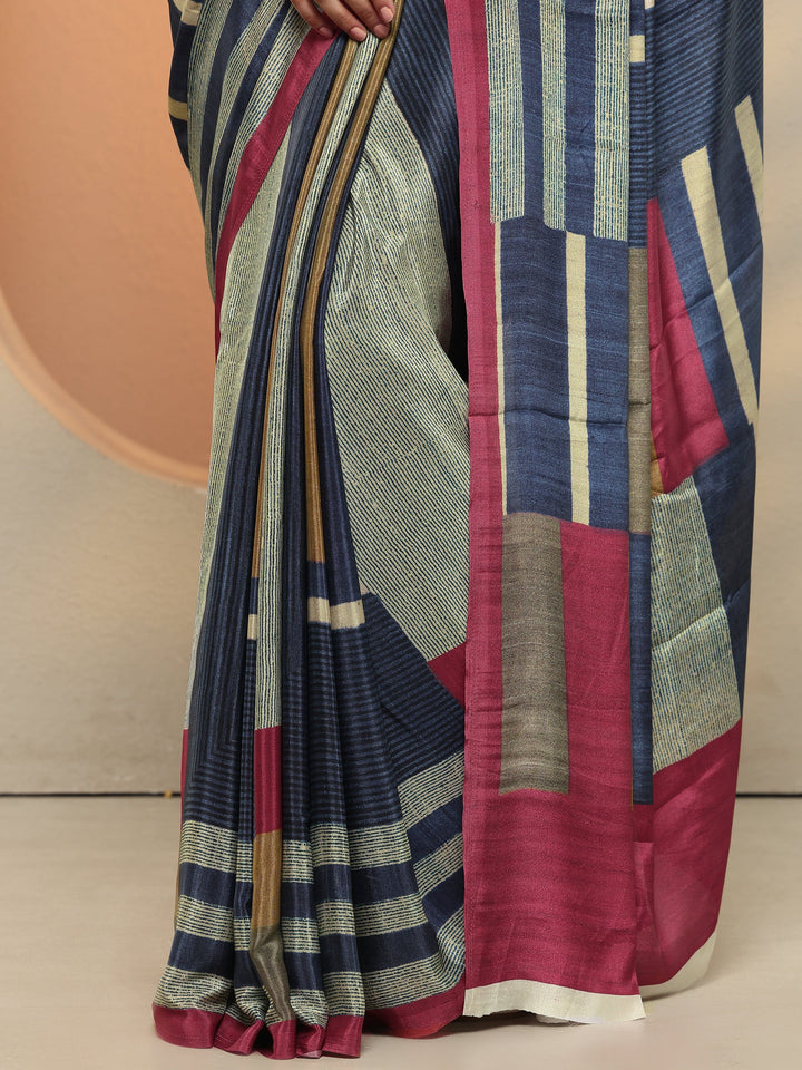 Multi Abstract Printed Silk Blend Saree With Unstitched Blouse Piece