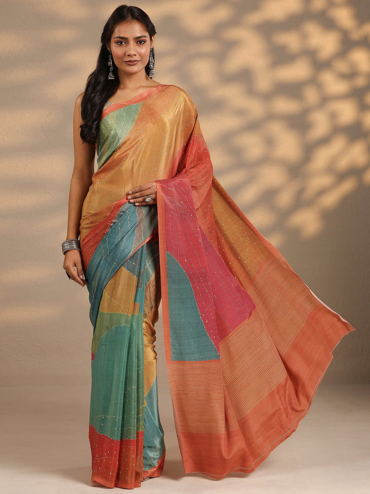 Multi Striped Printed Silk Blend Saree With Unstitched Blouse Piece