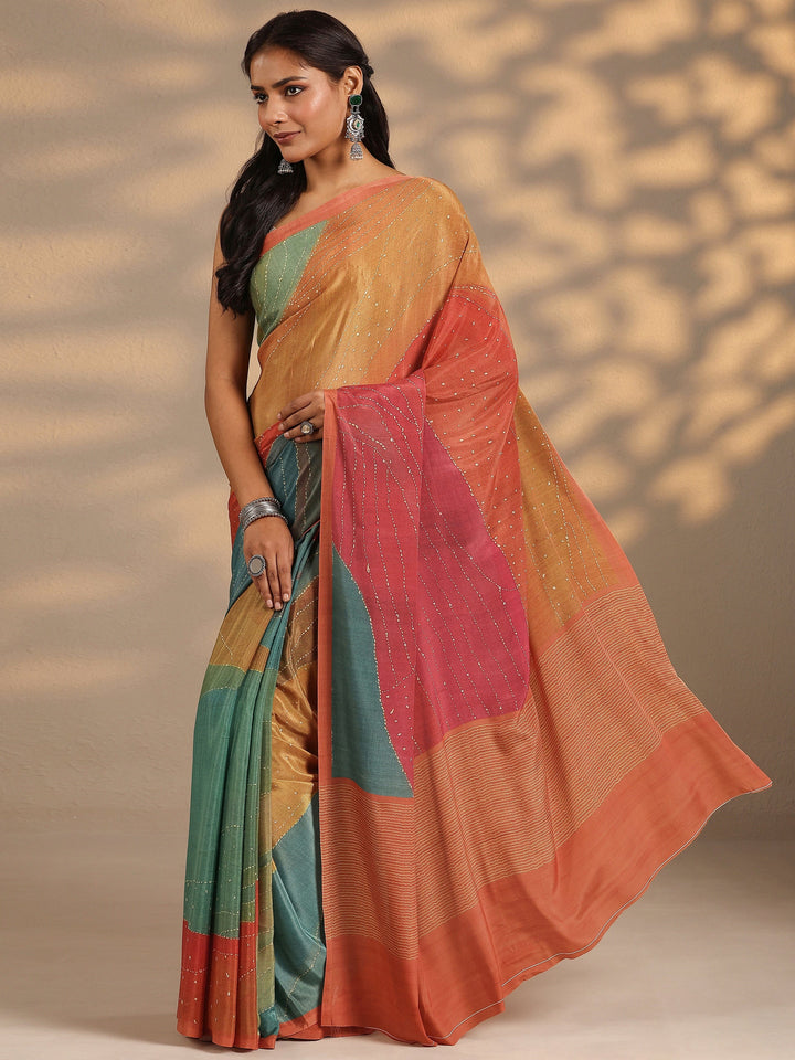 Multi Striped Printed Silk Blend Saree With Unstitched Blouse Piece