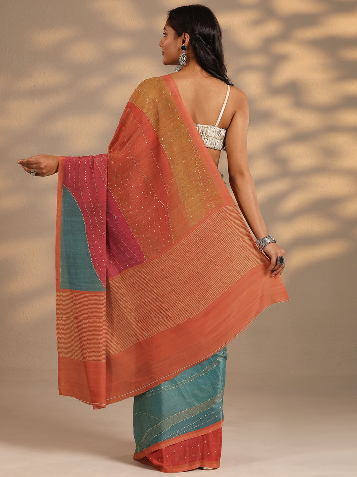 Multi Striped Printed Silk Blend Saree With Unstitched Blouse Piece