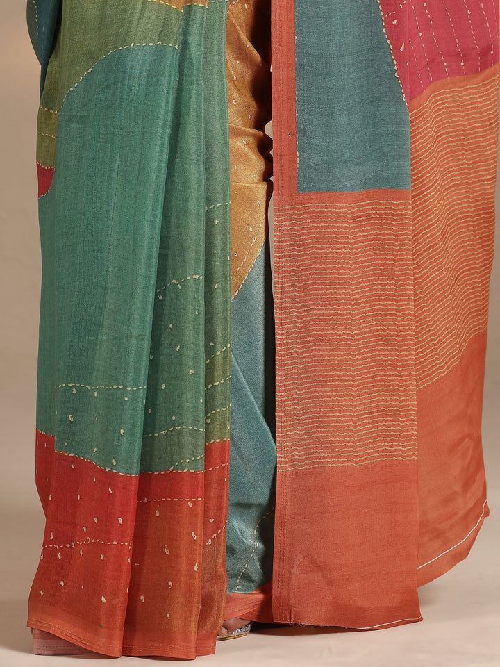 Multi Striped Printed Silk Blend Saree With Unstitched Blouse Piece