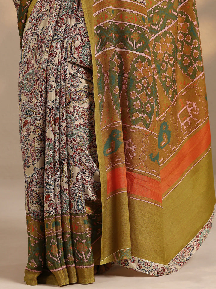 Multi Printed Silk Blend Saree With Unstitched Blouse Piece