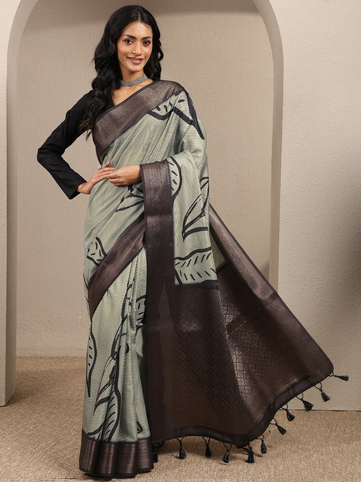 Green Printed Silk Blend Saree With Unstitched Blouse Piece