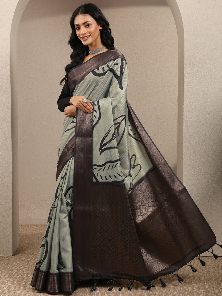 Green Printed Silk Blend Saree With Unstitched Blouse Piece