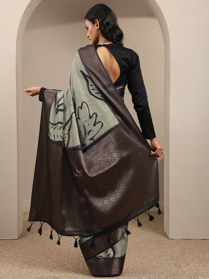 Green Printed Silk Blend Saree With Unstitched Blouse Piece